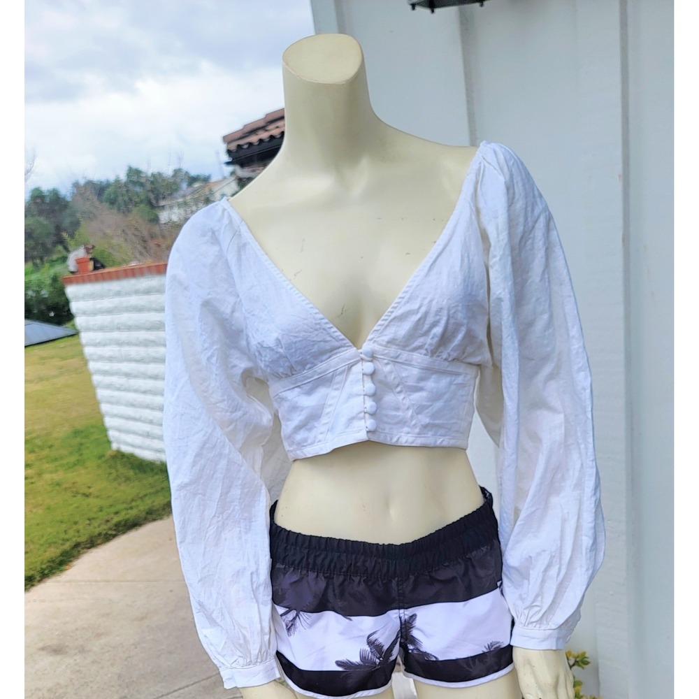 VRG GRL Linen Blend‎ Balloon Sleeve Deep V Crop Milkmaid Fairycore Ivory Sz 8 - Picture 11 of 13